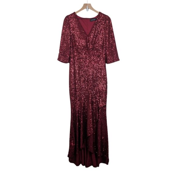 Chicwish | Elbow Sleeve Ruffle Sequined Gown | Burgundy | XL - Picture 7 of 15